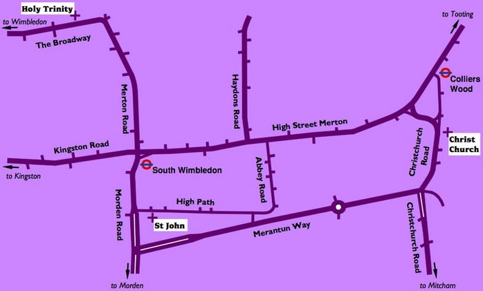 Street diagram of the three churches in the Merton Priory parish